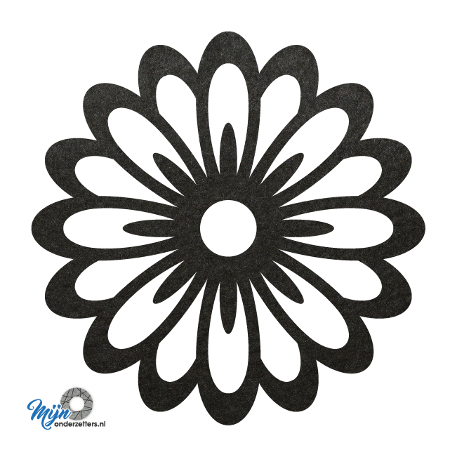 Prachtige en sfeervolle deco bloem pan onderzetter vilt met een bloem motief in de kleur zwart van mijnonderzetters.nl