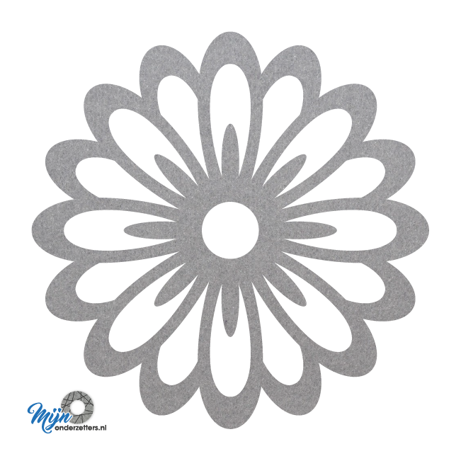 Prachtige en sfeervolle deco bloem pan onderzetter vilt met een bloem motief in de kleur lichtgrijs van mijnonderzetters.nl