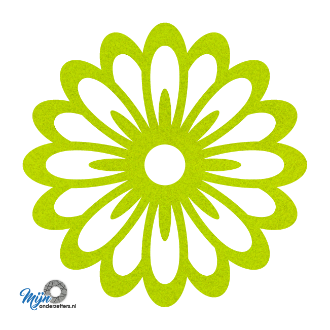 Prachtige en sfeervolle deco bloem pan onderzetter vilt met een bloem motief in de kleur lichtgroen van mijnonderzetters.nl