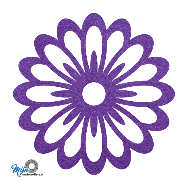 Prachtige en sfeervolle deco bloem pan onderzetter vilt met een bloem motief in de kleur paars van mijnonderzetters.nl