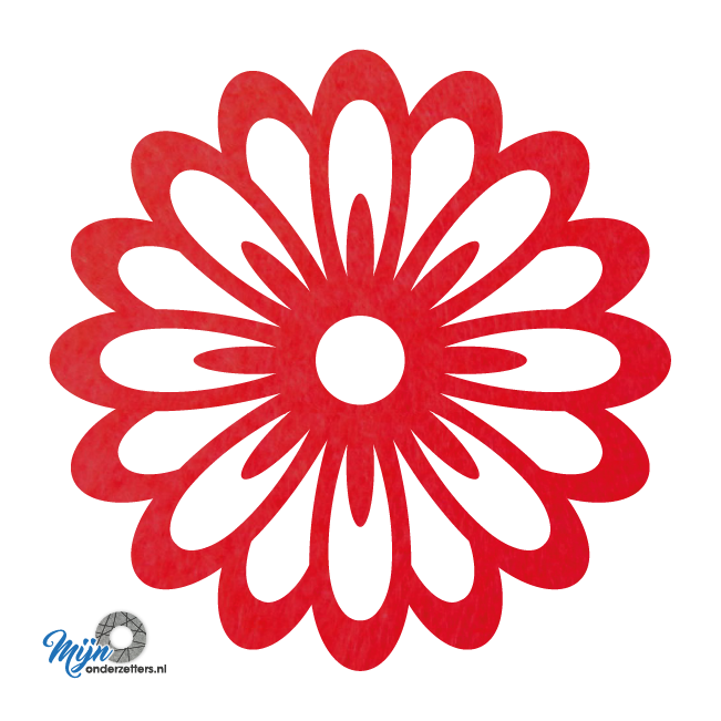 Prachtige en sfeervolle deco bloem pan onderzetter vilt met een bloem motief in de kleur rood van mijnonderzetters.nl