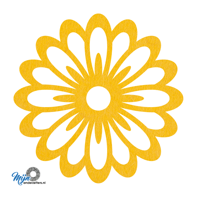 Prachtige en sfeervolle deco bloem pan onderzetter vilt met een bloem motief in de kleur geel van mijnonderzetters.nl