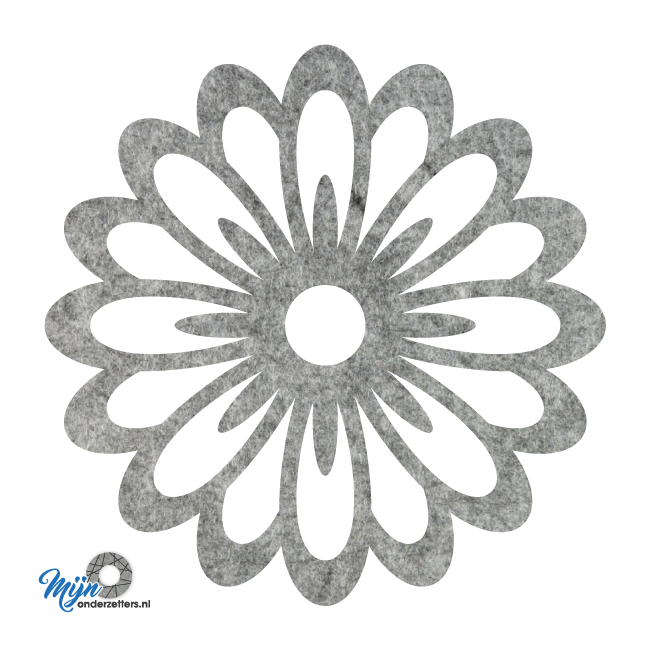 Prachtige en sfeervolle deco bloem pan onderzetter vilt met een bloem motief in de kleur gemeleerd grijs van mijnonderzetters.nl