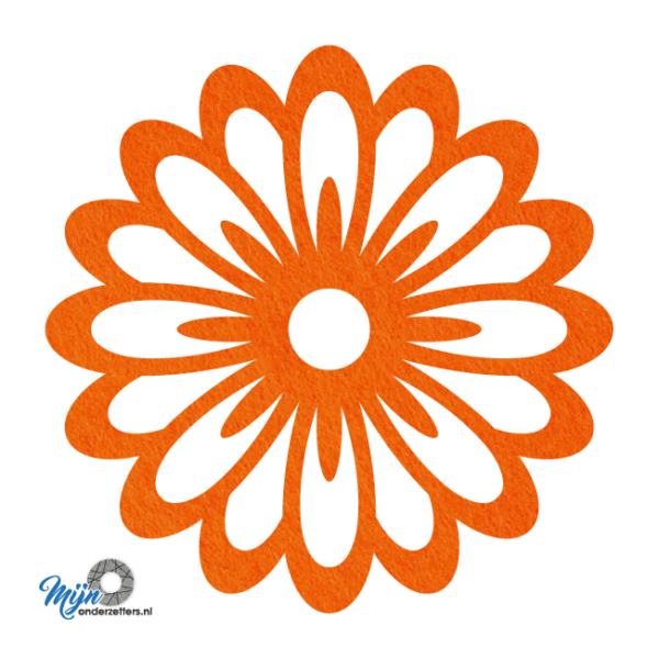 Prachtige en sfeervolle deco bloem pan onderzetter vilt met een bloem motief in de kleur oranje van mijnonderzetters.nl