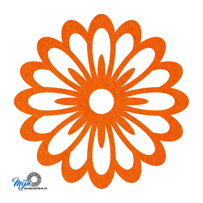 Prachtige en sfeervolle deco bloem pan onderzetter vilt met een bloem motief in de kleur oranje van mijnonderzetters.nl