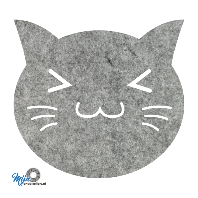 super schattige S3 cats onderzetter vilt uit onze dieren reeks van mijnonderetters.nl in de kleur gemeleerd grijs