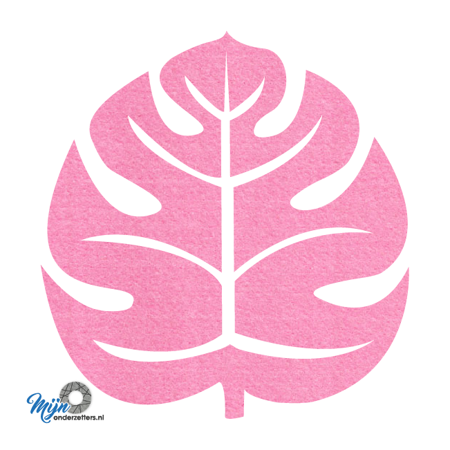 Mooie roze onderzetter van vilt voor de echte plant liefhebber in de vorm van een gatenplant blad bij mijnonderzetters.nl webshop
