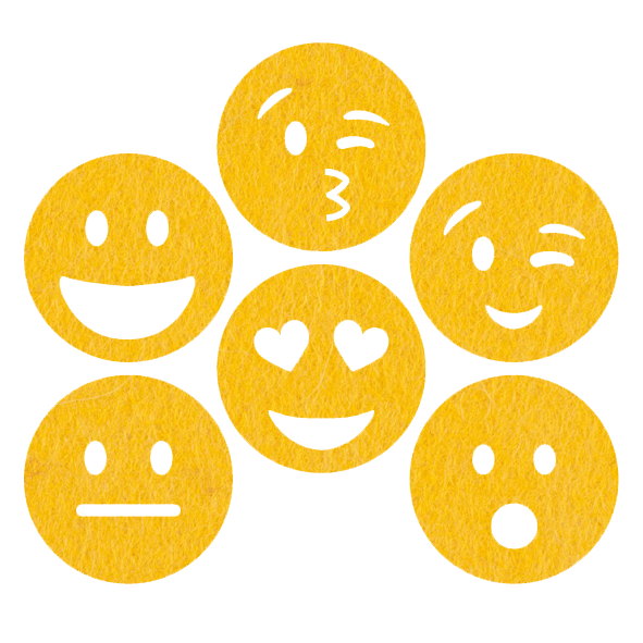 grappige gele smileys onderzetters van vilt met zes verschillende smileys bij mijnonderzetters.nl webshop