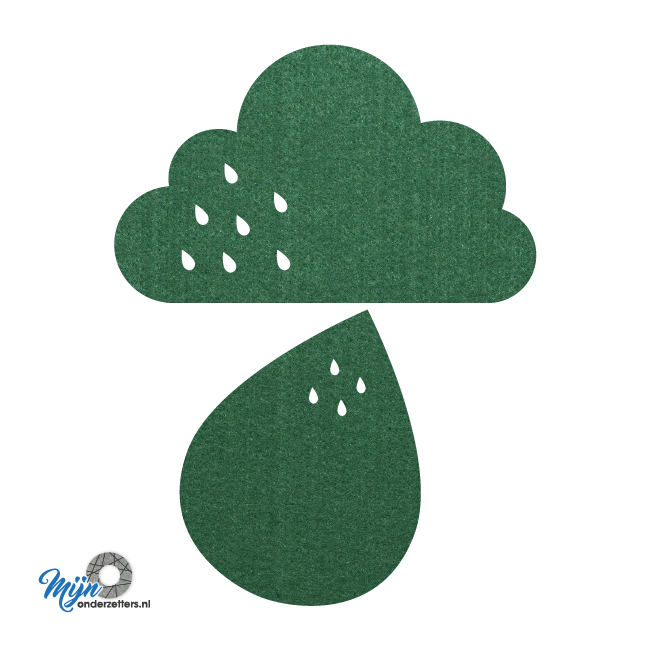 grappige donkergroene regen vilt onderzetter bestaande uit een wolk en druppel bij mijnonderzetters.nl webshop