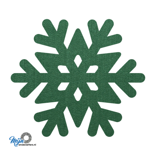 donkergroene vilt onderzetters in de vorm van een sneeuwvlok van mijnonderzetters.nl webshop