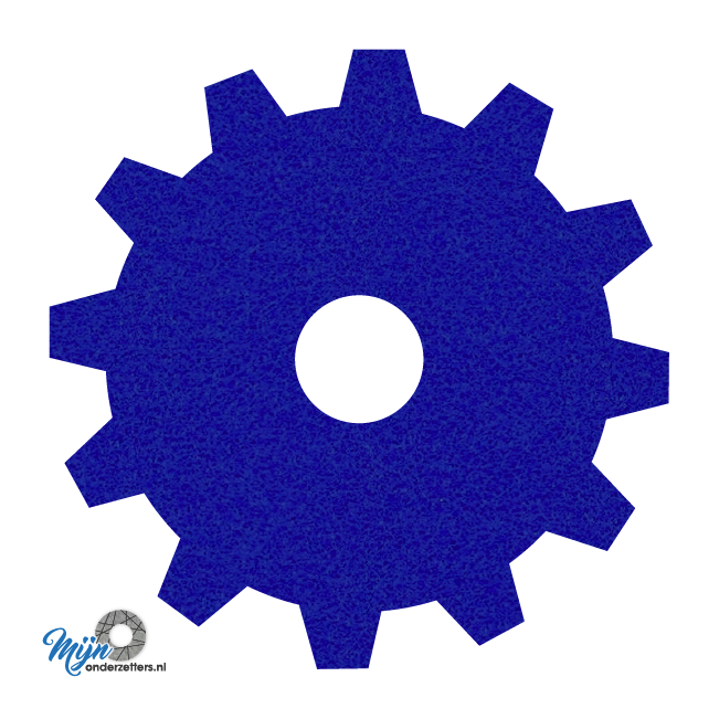 donkerblauwe vilt onderzetter in de vorm van een tandwiel bij mijnonderzetters.nl webshop
