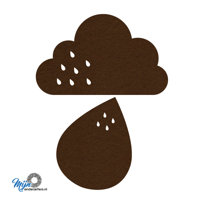 grappige donkerbruine regen vilt onderzetter bestaande uit een wolk en druppel bij mijnonderzetters.nl webshop