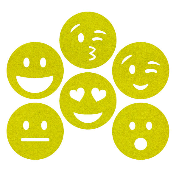 grappige lichtgroene smileys onderzetters van vilt met zes verschillende smileys bij mijnonderzetters.nl webshop