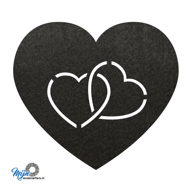 zeer mooie en romantische hart in hart onderzetter vilt in de kleur zwart van mijnonderzetters.nl
