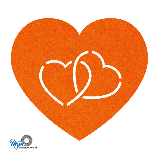 zeer mooie en romantische hart in hart onderzetter vilt in de kleur oranje van mijnonderzetters.nl