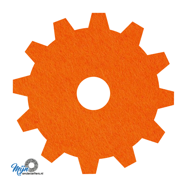 oranje vilt onderzetter in de vorm van een tandwiel bij mijnonderzetters.nl webshop