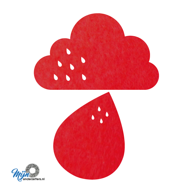 grappige rode regen vilt onderzetter bestaande uit een wolk en druppel bij mijnonderzetters.nl webshop