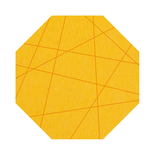 Strak vormgegeven 8-hoek vilt onderzetter met lijnen als motief in de kleur geel bij mijnonderzetters.nl webshop