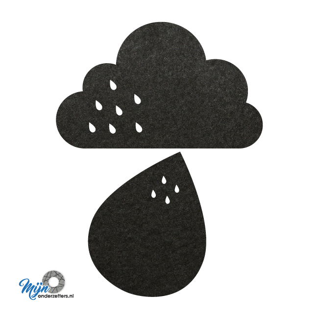 grappige zwarte regen vilt onderzetter bestaande uit een wolk en druppel bij mijnonderzetters.nl webshop