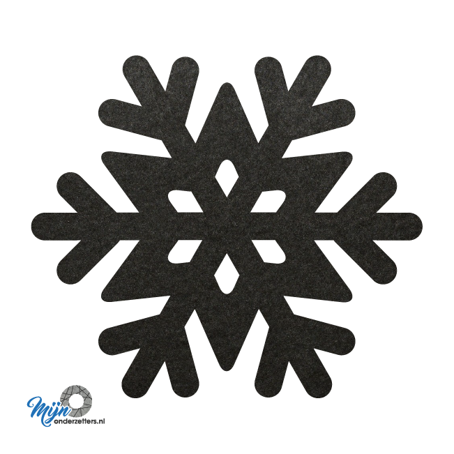 zwarte vilt onderzetters in de vorm van een sneeuwvlok van mijnonderzetters.nl webshop