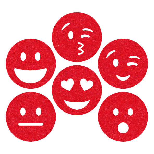grappige rode smileys onderzetters van vilt met zes verschillende smileys bij mijnonderzetters.nl webshop