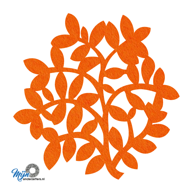 oranje pan onderzetter van vilt in de vorm van takjes en bladeren bij mijnonderzetters.nl webshop