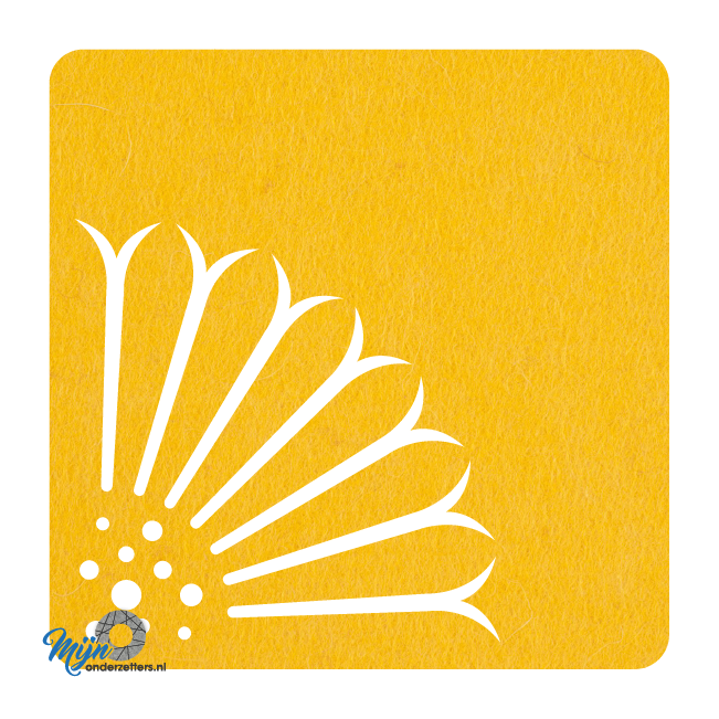 Vierkante vilt onderzetters in de kleur geel met een zonnebloem motief bij mijnonderzetters.nl webshop