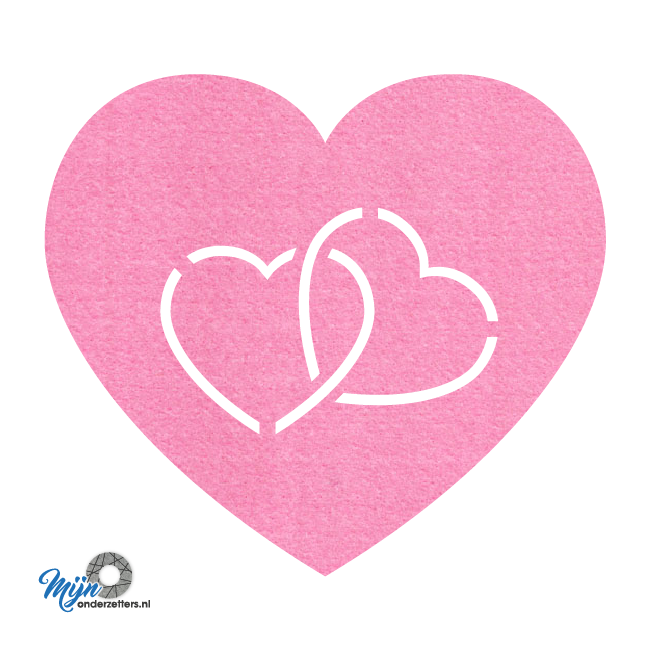zeer mooie en romantische hart in hart onderzetter vilt in de kleur roze van mijnonderzetters.nl