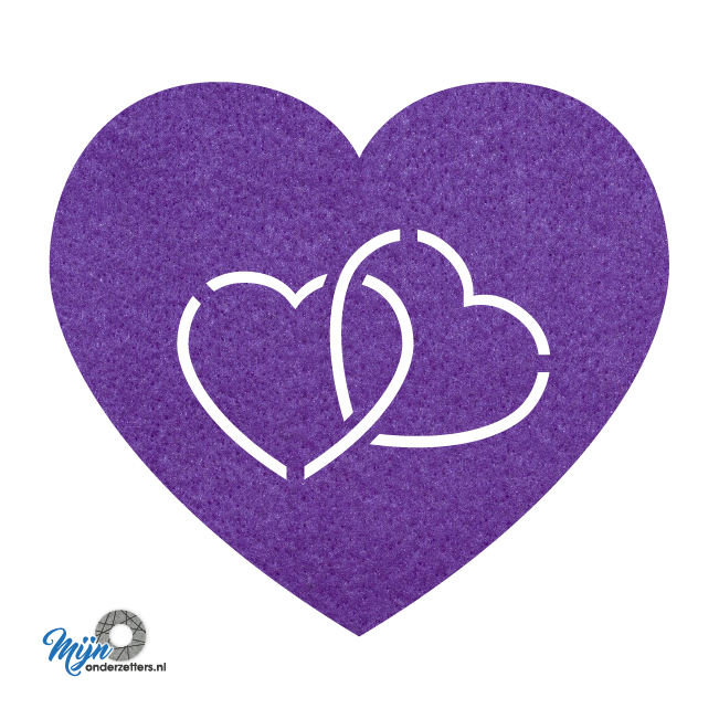 zeer mooie en romantische hart in hart onderzetter vilt in de kleur paars van mijnonderzetters.nl