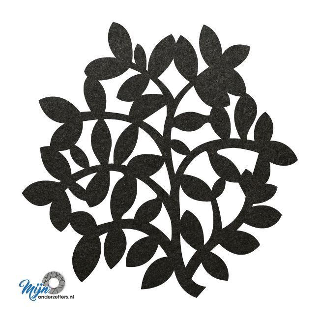 Zwarte pan onderzetter van vilt in de vorm van takjes en bladeren bij mijnonderzetters.nl webshop