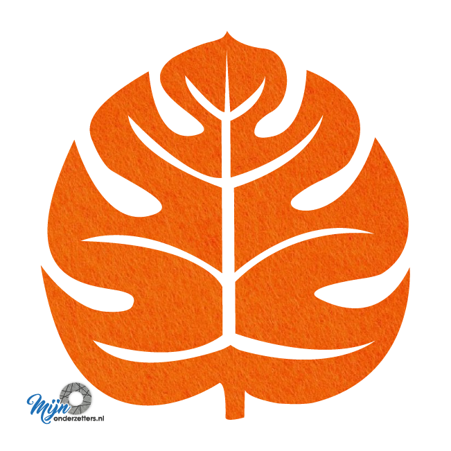Mooie oranje onderzetter van vilt voor de echte plant liefhebber in de vorm van een gatenplant blad bij mijnonderzetters.nl webshop
