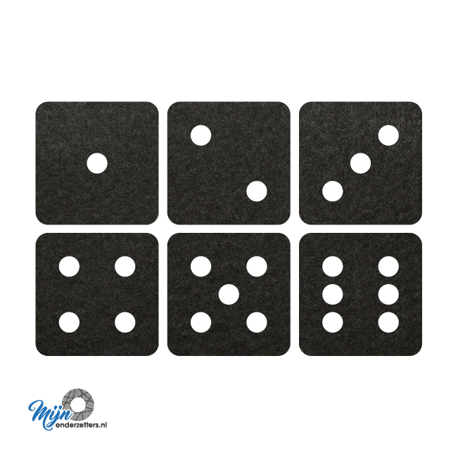 Speelse dobbelsteen onderzetters vilt in de kleur zwart bij mijnonderzetters.nl webshop