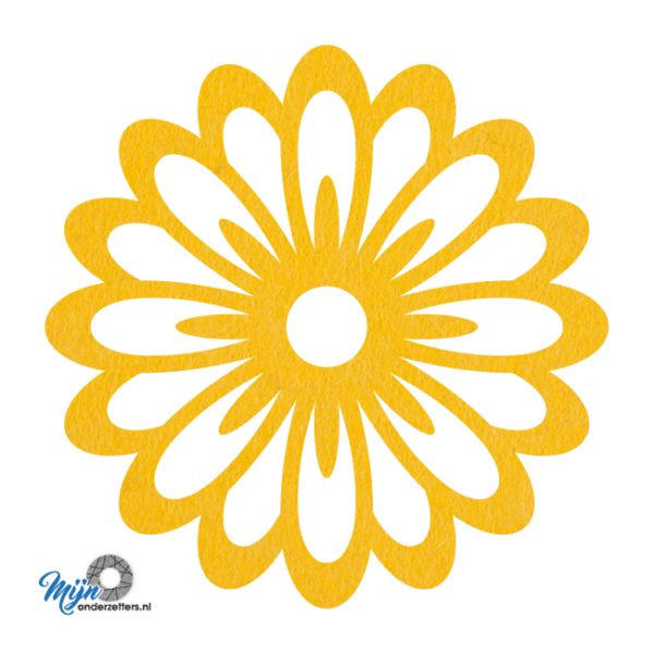 Prachtige en sfeervolle deco bloem onderzetter vilt met een bloem motief in de kleur geel van mijnonderzetters.nl