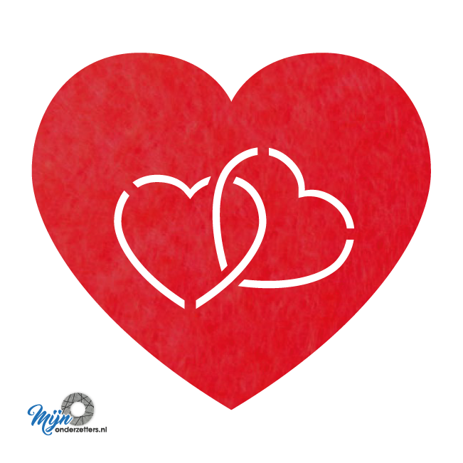 zeer mooie en romantische hart in hart onderzetter vilt in de kleur rood van mijnonderzetters.nl