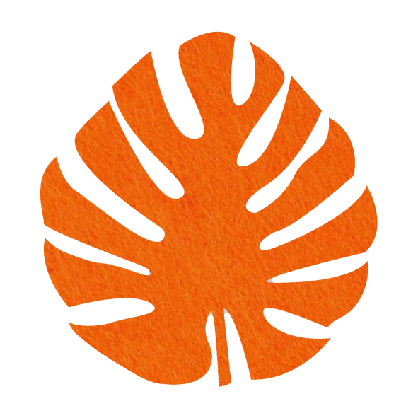 prachtige oranje vilt onderzetter in de vorm van een monstera blad bij mijnonderzetters.nl webshop