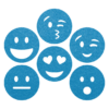 grappige lichtblauwe smileys onderzetters van vilt met zes verschillende smileys bij mijnonderzetters.nl webshop