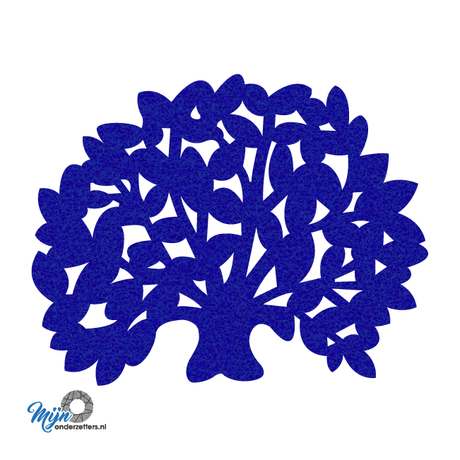 donkerblauwe boom onderzetter vilt in vorm van een boom met bladeren bij mijnonderzetters.nl webshop