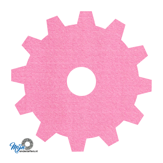 roze vilt onderzetter in de vorm van een tandwiel bij mijnonderzetters.nl webshop
