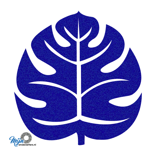 Mooie donkerblauwe onderzetter van vilt voor de echte plant liefhebber in de vorm van een gatenplant blad bij mijnonderzetters.nl webshop