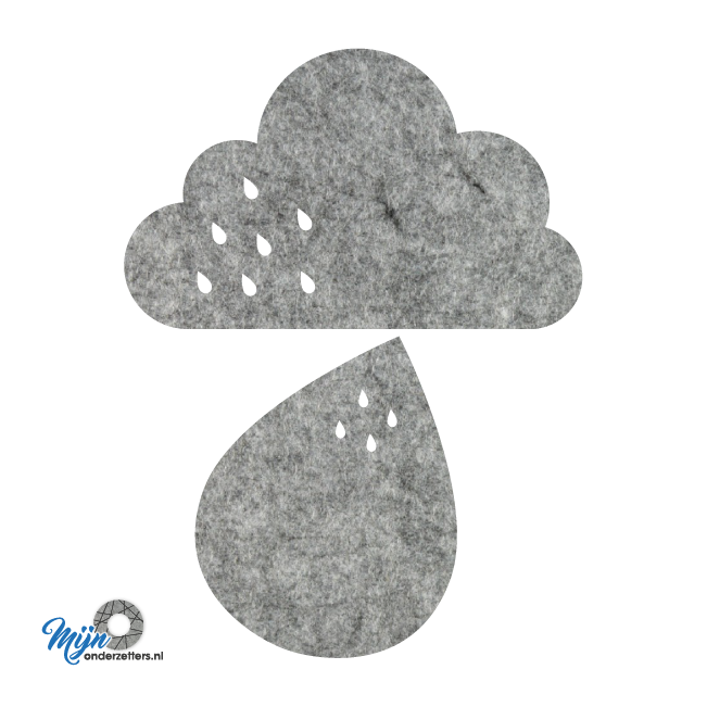 grappige gemeleerd grijze regen vilt onderzetter bestaande uit een wolk en druppel bij mijnonderzetters.nl webshop