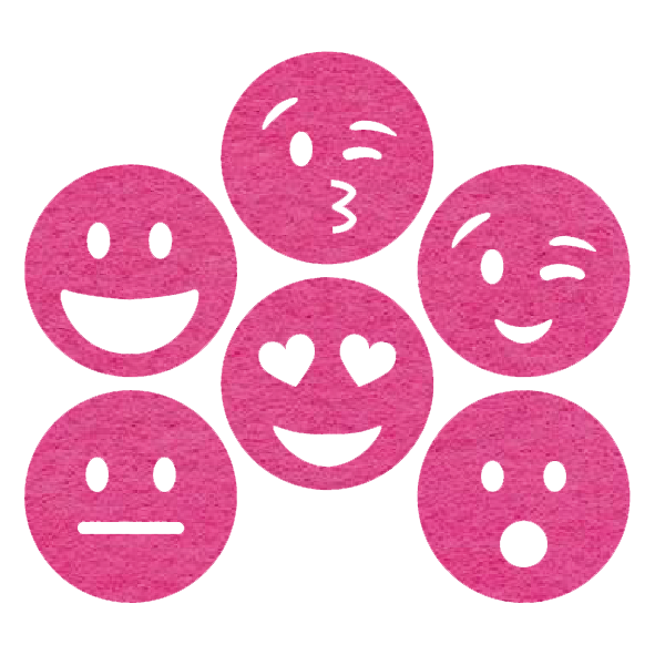grappige fuchsia smileys onderzetters van vilt met zes verschillende smileys bij mijnonderzetters.nl webshop