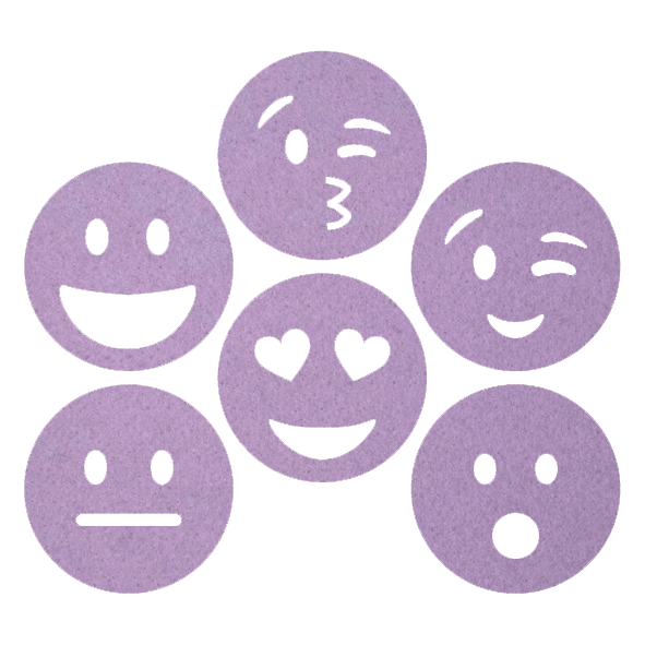 grappige lila smileys onderzetters van vilt met zes verschillende smileys bij mijnonderzetters.nl webshop