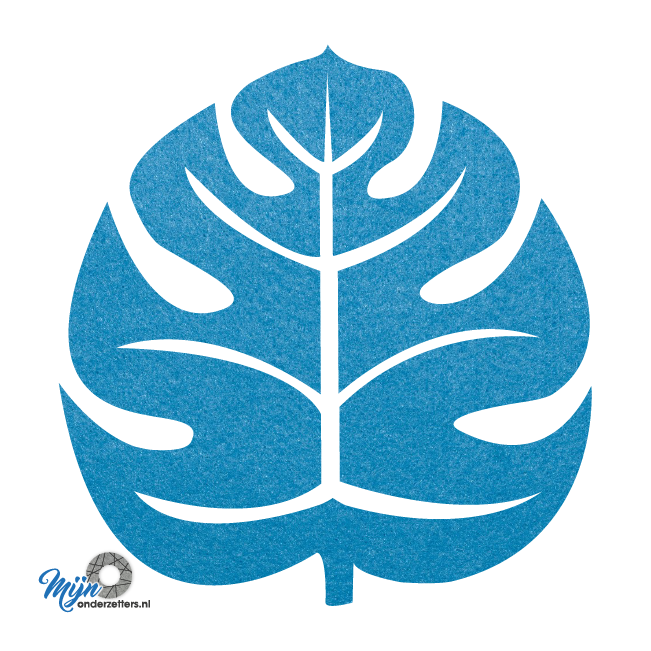 Mooie lichtblauwe onderzetter van vilt voor de echte plant liefhebber in de vorm van een gatenplant blad bij mijnonderzetters.nl webshop