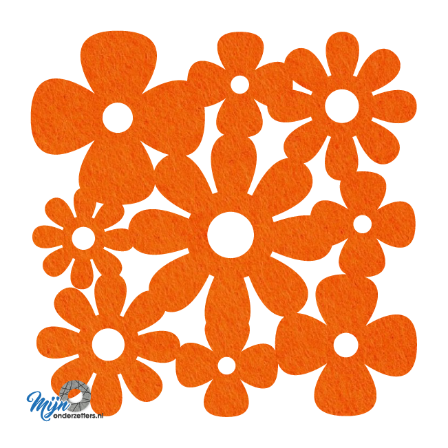 Prachtige oranje onderzetter van vilt met uitgesneden klaver en madelief bij mijnonderzetters.nl webshop