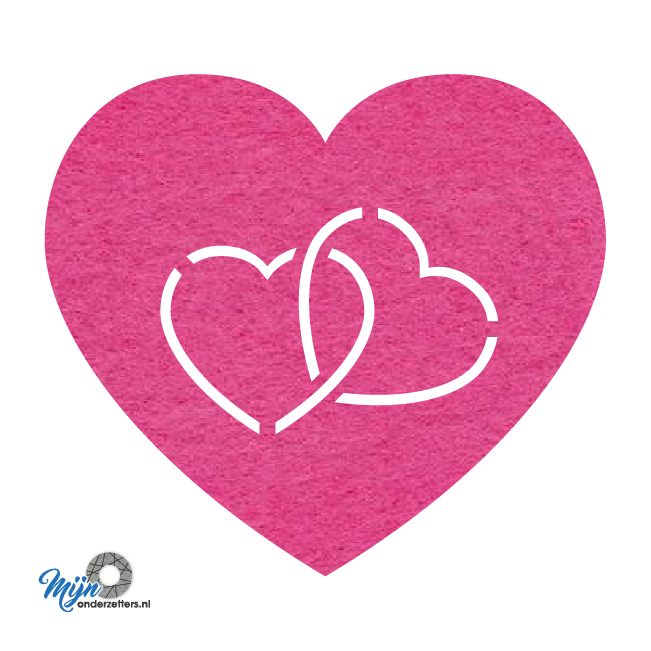 zeer mooie en romantische hart in hart onderzetter vilt in de kleur fuchsia van mijnonderzetters.nl