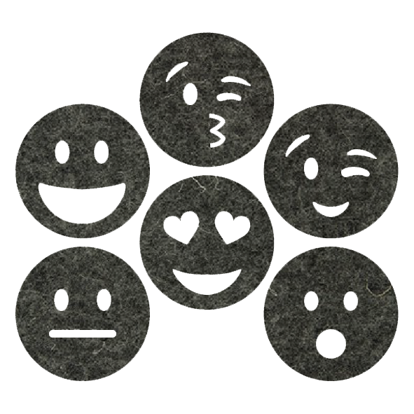 grappige gemeleerd antraciete smileys onderzetters van vilt met zes verschillende smileys bij mijnonderzetters.nl webshop