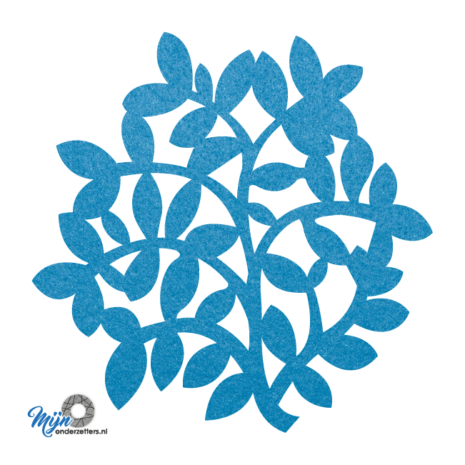 lichtblauwe pan onderzetter van vilt in de vorm van takjes en bladeren bij mijnonderzetters.nl webshop