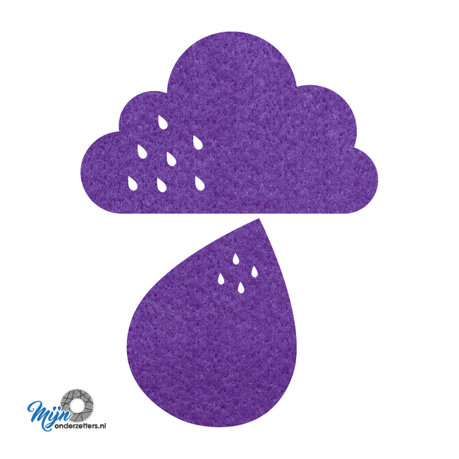 grappige paarse regen vilt onderzetter bestaande uit een wolk en druppel bij mijnonderzetters.nl webshop