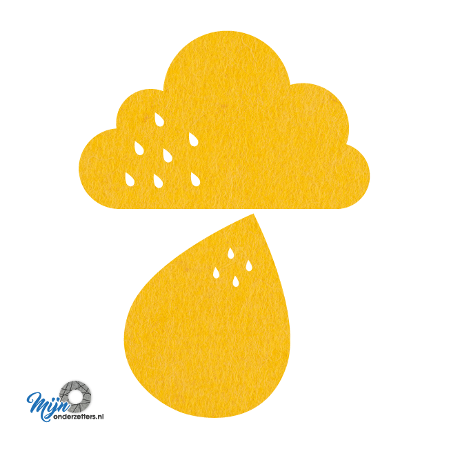 grappige gele regen vilt onderzetter bestaande uit een wolk en druppel bij mijnonderzetters.nl webshop