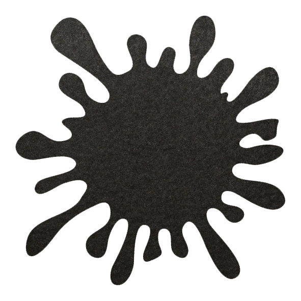 Speels vormgegeven zwarte splash vilt onderzetter in de vorm van een vlek bij mijnonderzetters.nl webshop